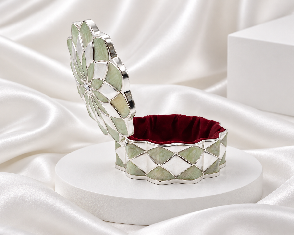 Sage Green Floral Silver Finish Jewelry & Keepsake Box