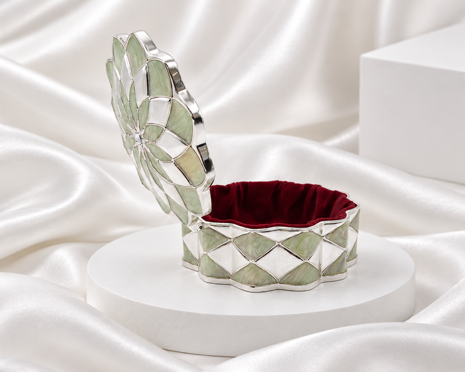 Sage Green Floral Silver Finish Jewelry & Keepsake Box