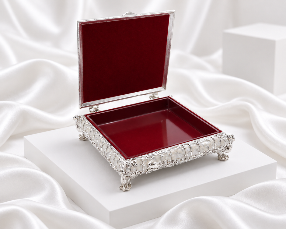 Ornate Silver Finish Jewelry Box with Burgundy Interior