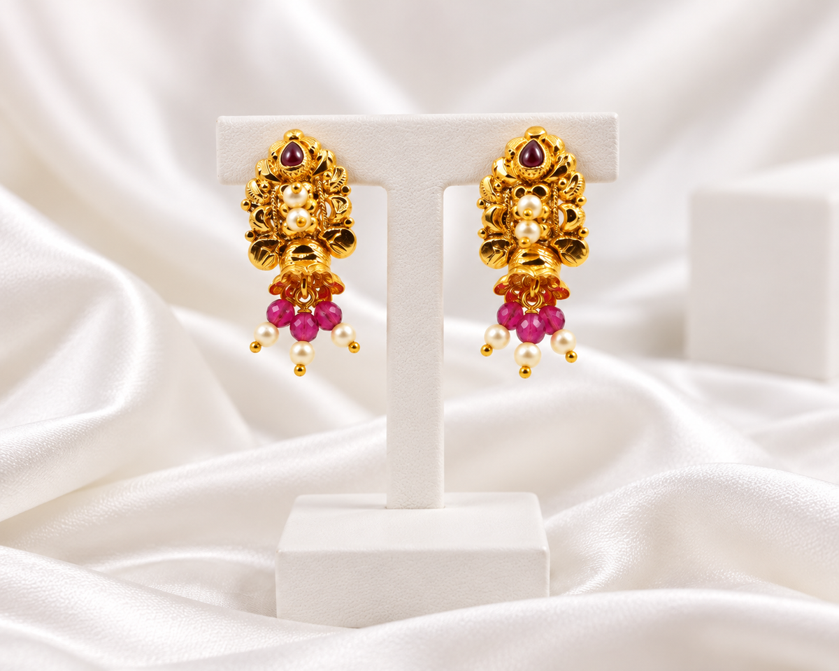 Gold Tone Traditional Drop Earrings with Pink Beads & Pearl-Look Accents