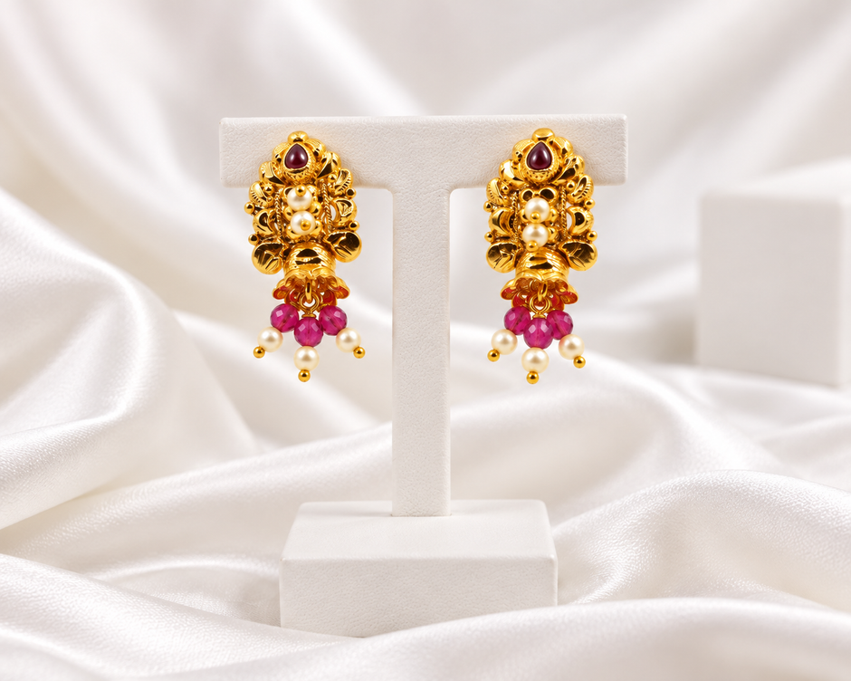 Gold Tone Traditional Drop Earrings with Pink Beads & Pearl-Look Accents