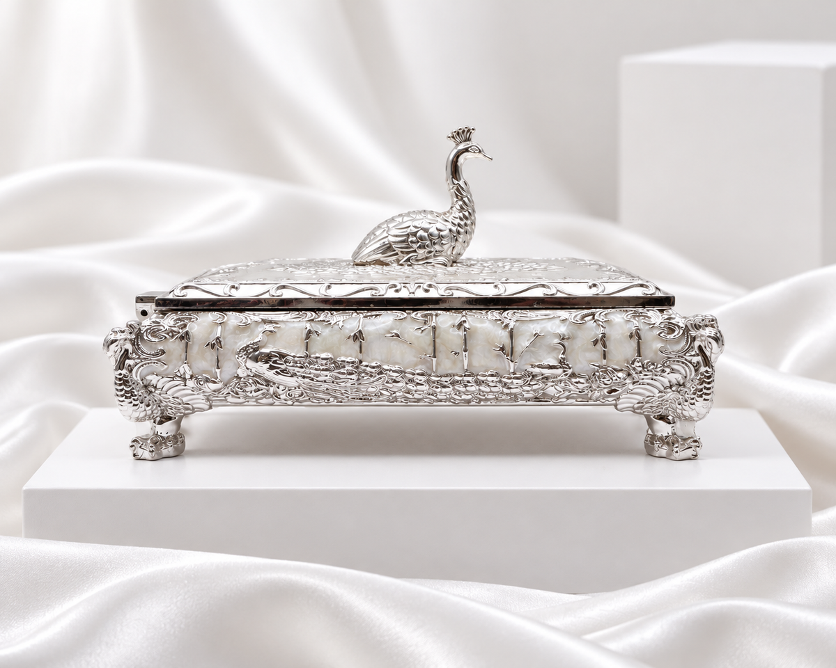 Ornate Silver Finish Jewelry Box with Burgundy Interior