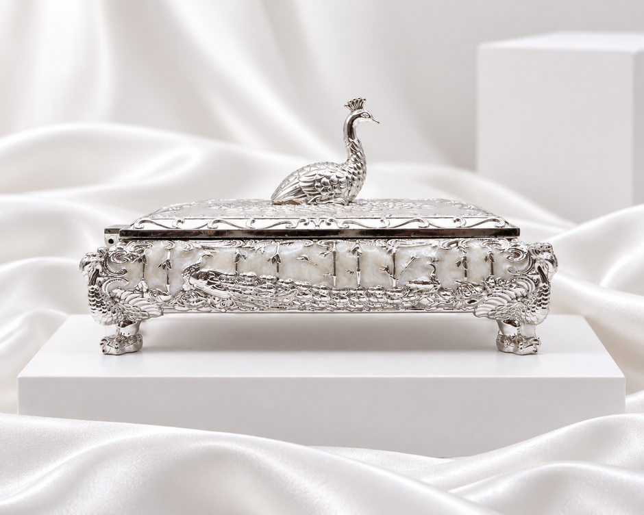 Ornate Silver Finish Jewelry Box with Burgundy Interior
