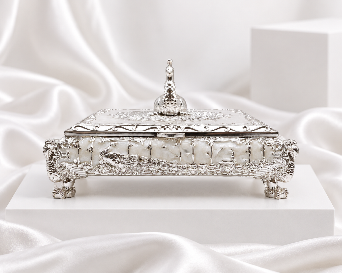 Ornate Silver Finish Jewelry Box with Burgundy Interior