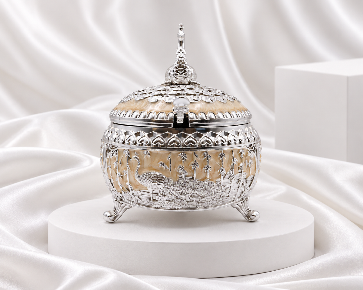 Ornate Silver Finish Peacock Serving Bowl with Lid & Spoon