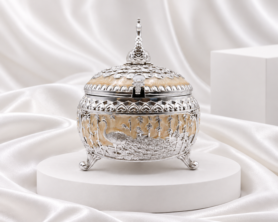Ornate Silver Finish Peacock Serving Bowl with Lid & Spoon