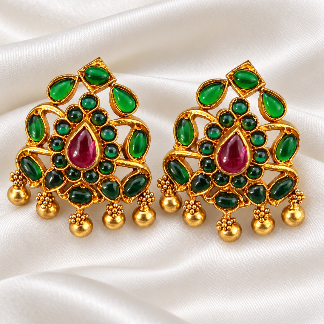Royal Ruby Green 925 Sterling Silver Gold Polished Traditional Earrings