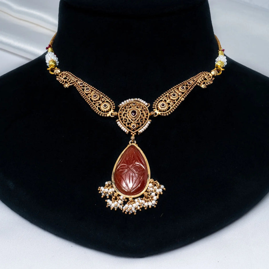 925 Premium Silver Orange Stone Pearl Choker Necklace
