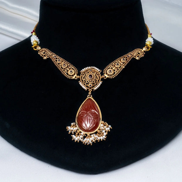 925 Premium Silver Orange Stone Pearl Choker Necklace
