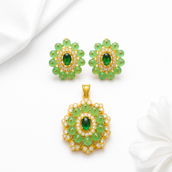 Emerald Green Floral 925 Sterling Silver Gold Polished Pendant Set