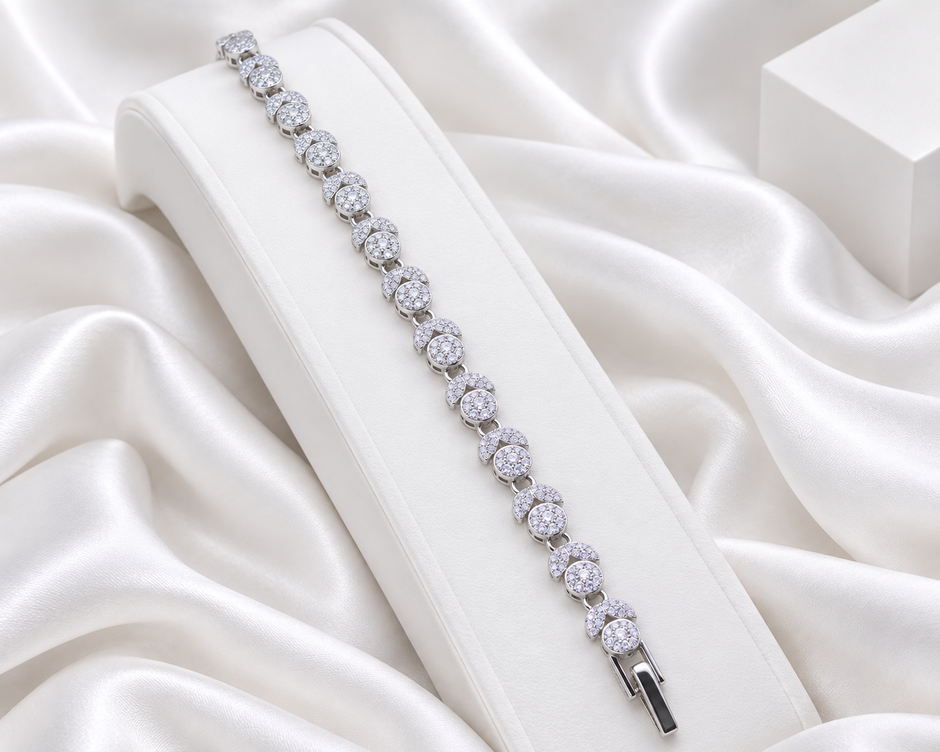 Silver Tone Floral & Leaf Clear Stone Bracelet