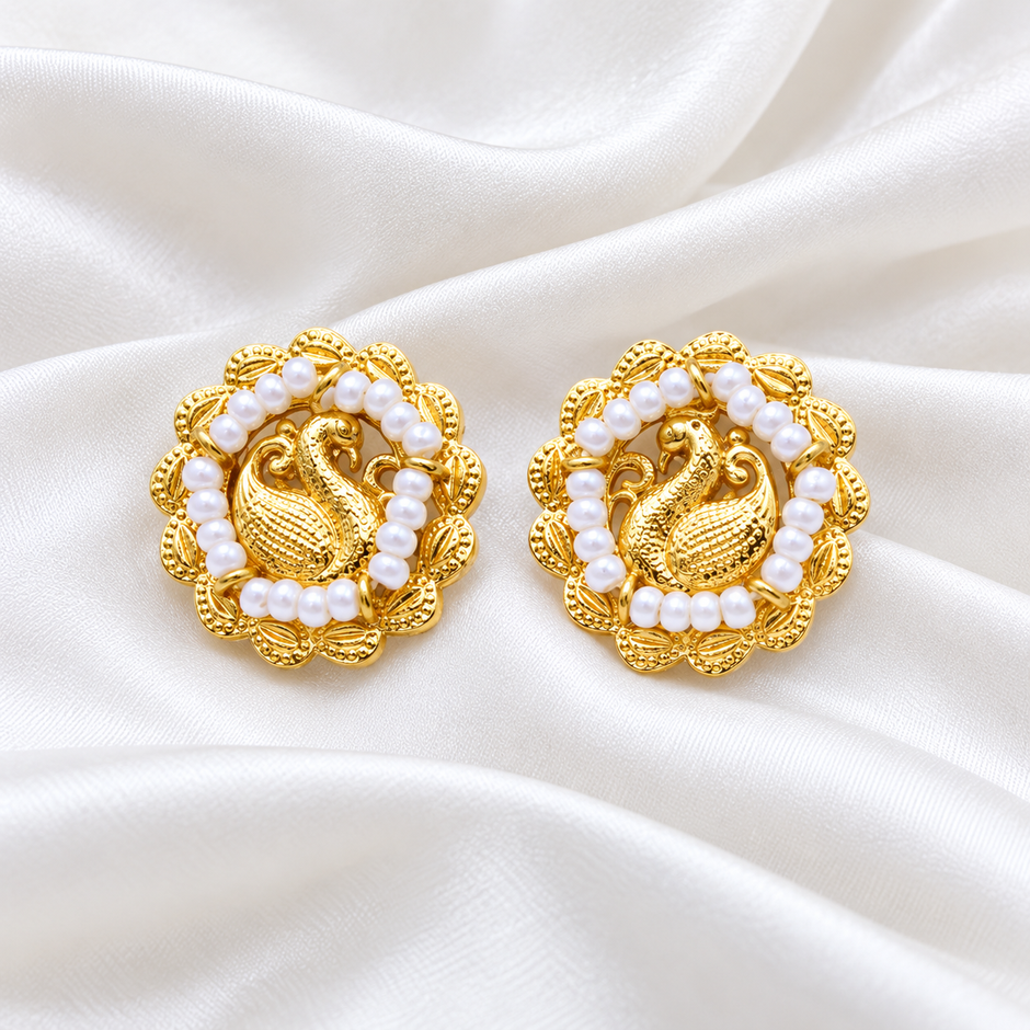 Royal Swan Pearl 925 Silver Gold Polished Traditional Stud Earrings