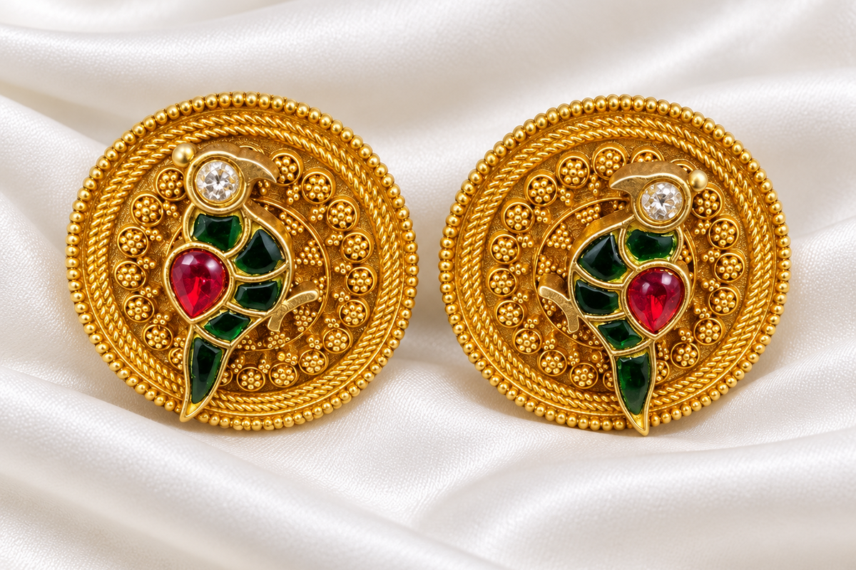 Royal Peacock 925 Sterling Silver Gold Polished Ruby Green Stud Earrings