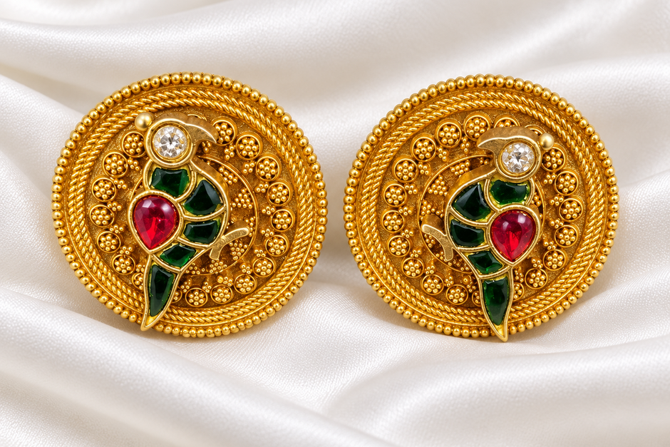 Royal Peacock 925 Sterling Silver Gold Polished Ruby Green Stud Earrings