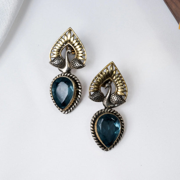 925 Premium Silver Peacock Crown Blue Sapphire Semi Hanging Earrings