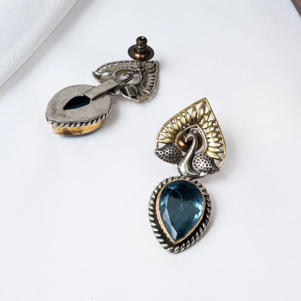 925 Premium Silver Peacock Crown Blue Sapphire Semi Hanging Earrings