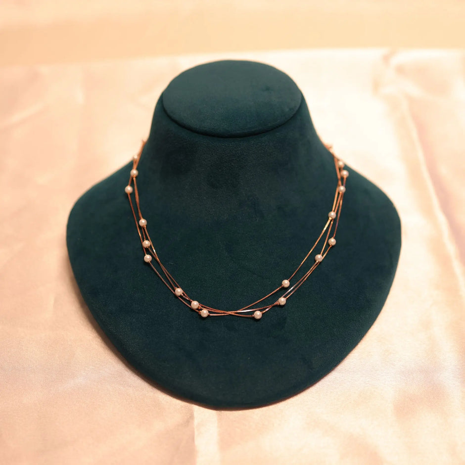 925 Premium Silver Pearl 3 Rose Gold Neck Chain