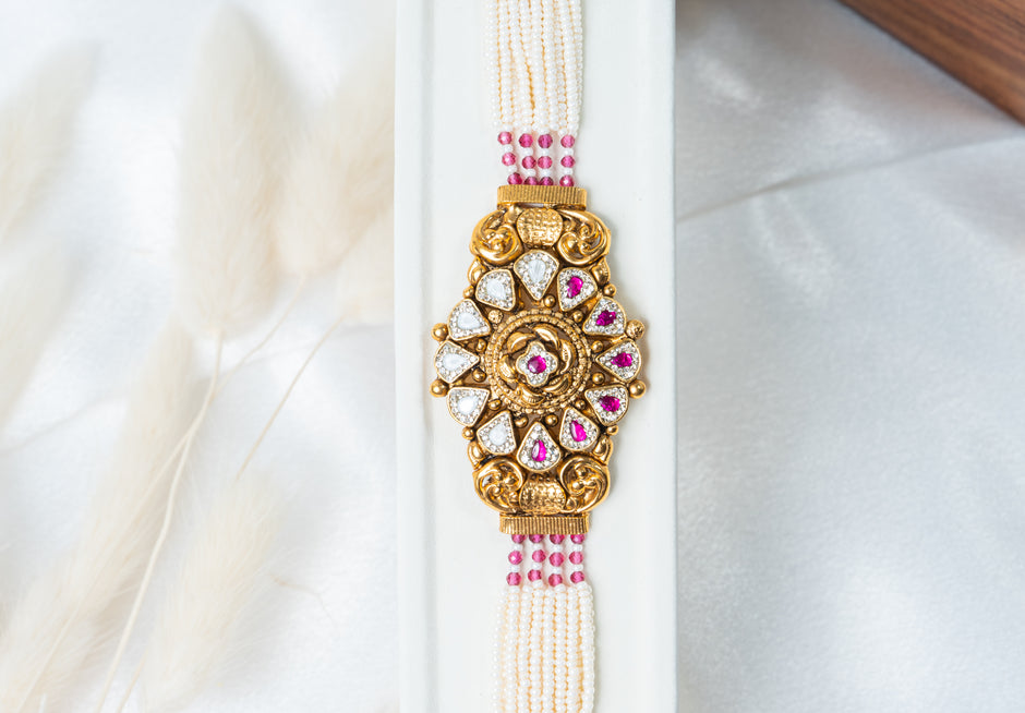 Traditional Pearl & Ruby Kundan Bracelet with Floral Centerpiece