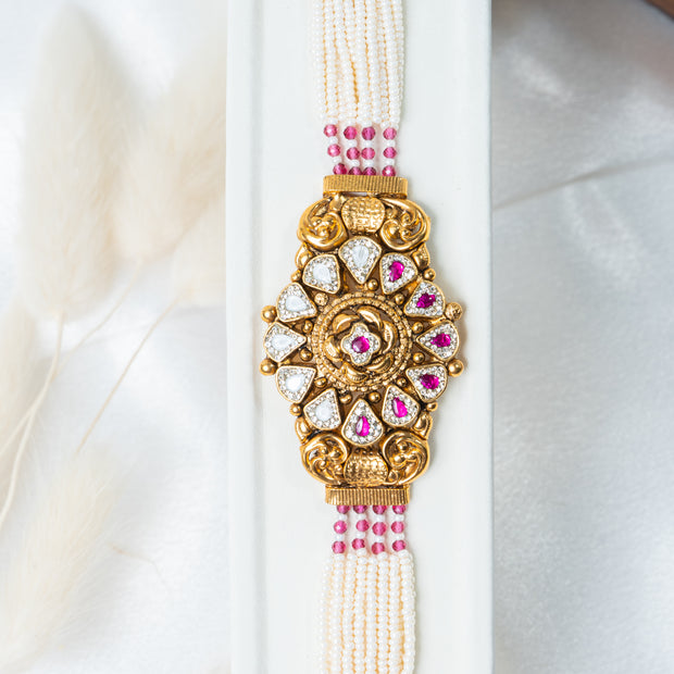 Traditional Pearl & Ruby Kundan Bracelet with Floral Centerpiece