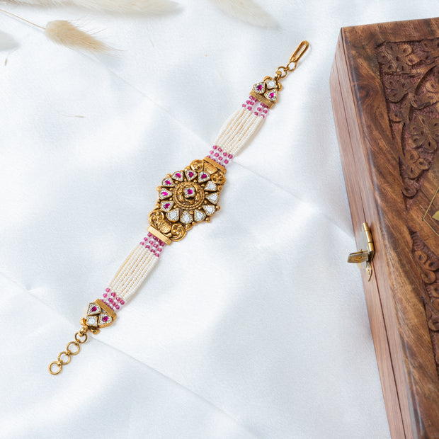 Traditional Pearl & Ruby Kundan Bracelet with Floral Centerpiece