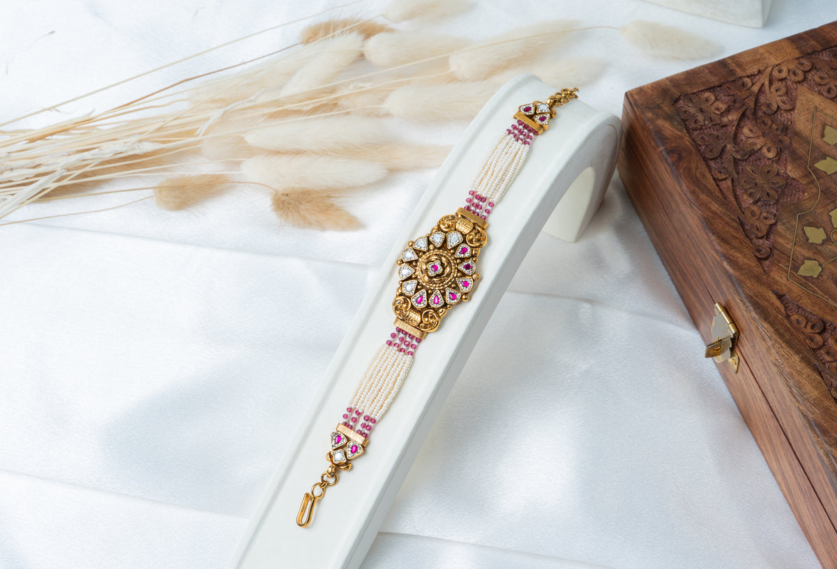 Traditional Pearl & Ruby Kundan Bracelet with Floral Centerpiece