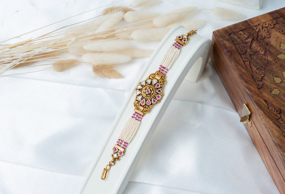 Traditional Pearl & Ruby Kundan Bracelet with Floral Centerpiece