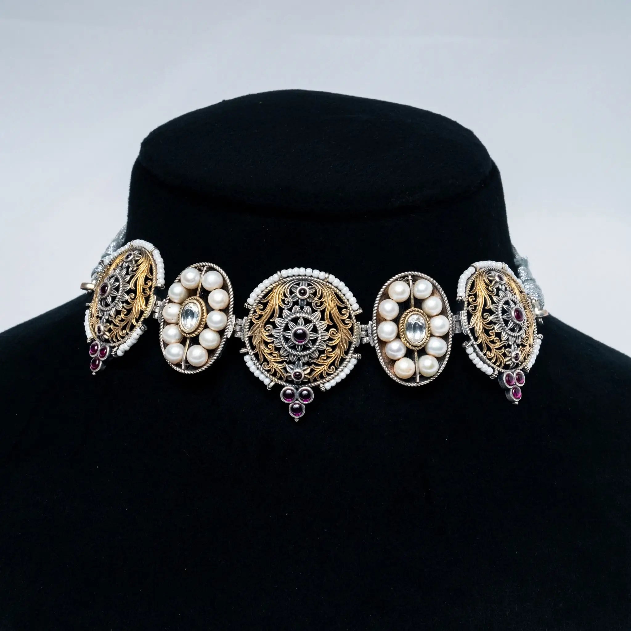 925 Premium Silver Pearl Oval Choker Set Jewelry