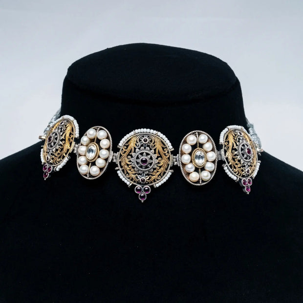 925 Premium Silver Pearl Oval Choker Set Jewelry