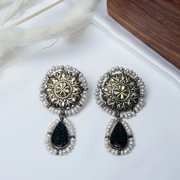 925 Premium Silver Pearl Sphere Leaf Hanging Earrings