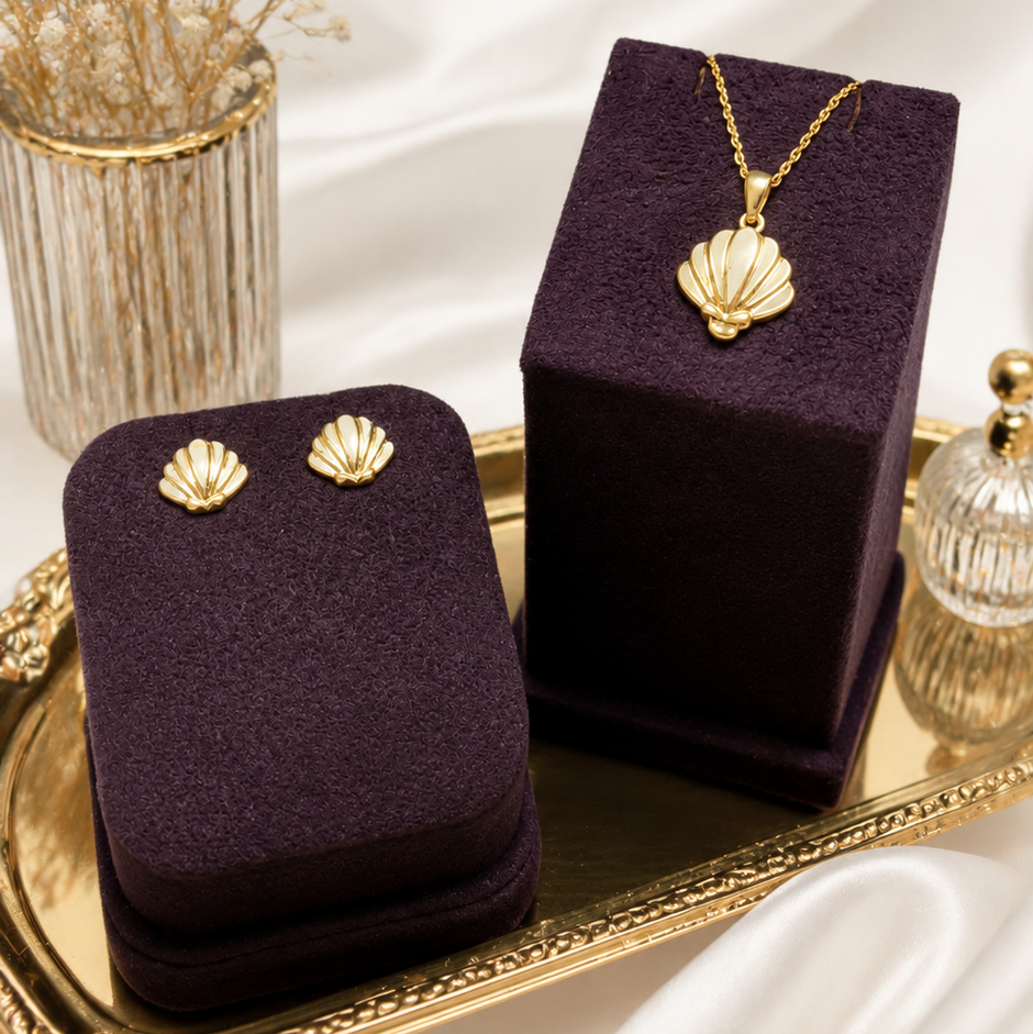 Pink Shell Gold Plated 925 Silver Pendant Chain & Earrings Set