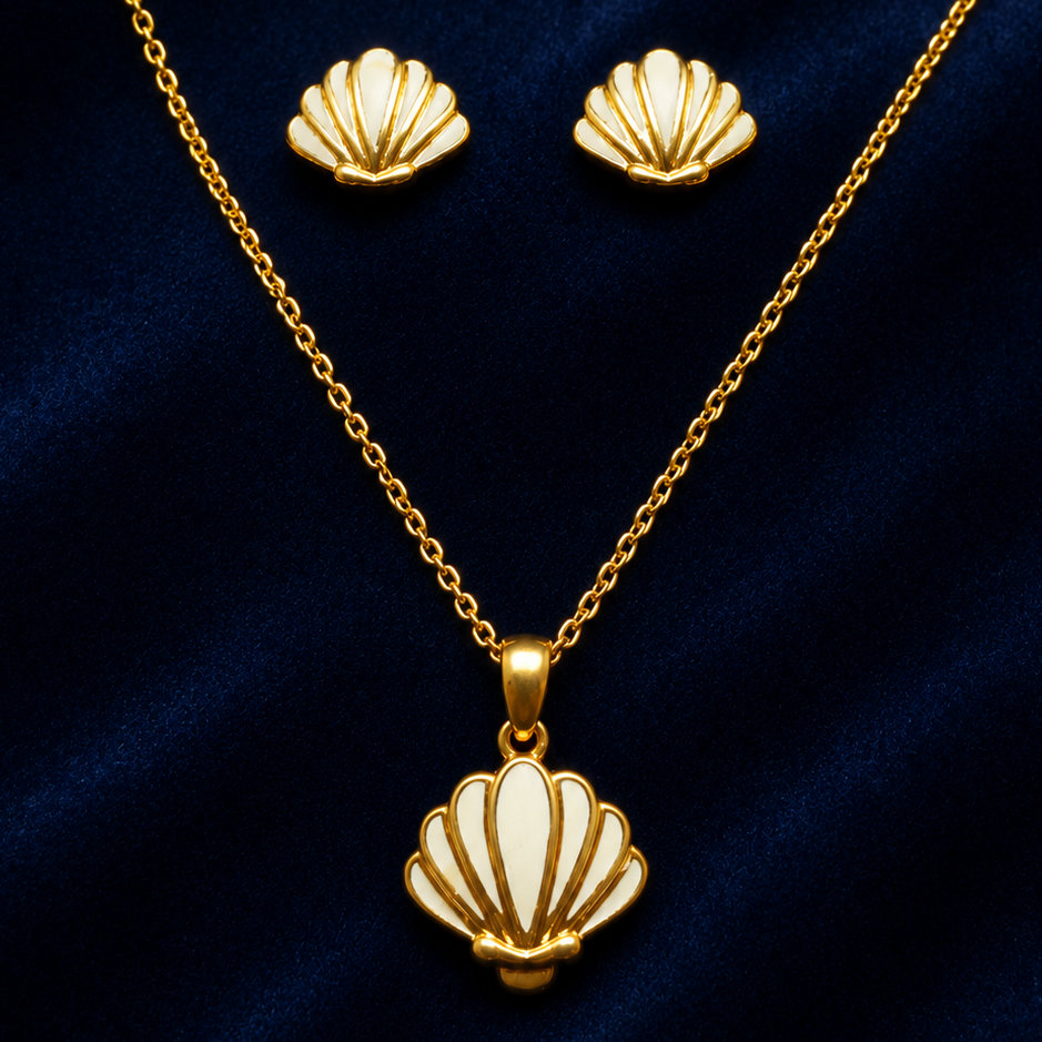 Pink Shell Gold Plated 925 Silver Pendant Chain & Earrings Set