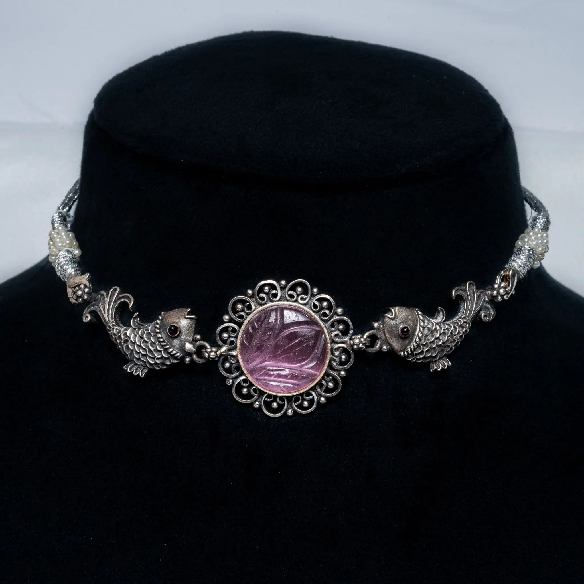 Pink Stone Fish Choker Necklace Set in 925 Premium Silver Jewelry for Women