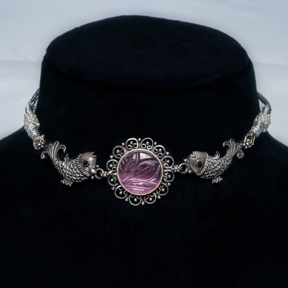 Pink Stone Fish Choker Necklace Set in 925 Premium Silver Jewelry for Women