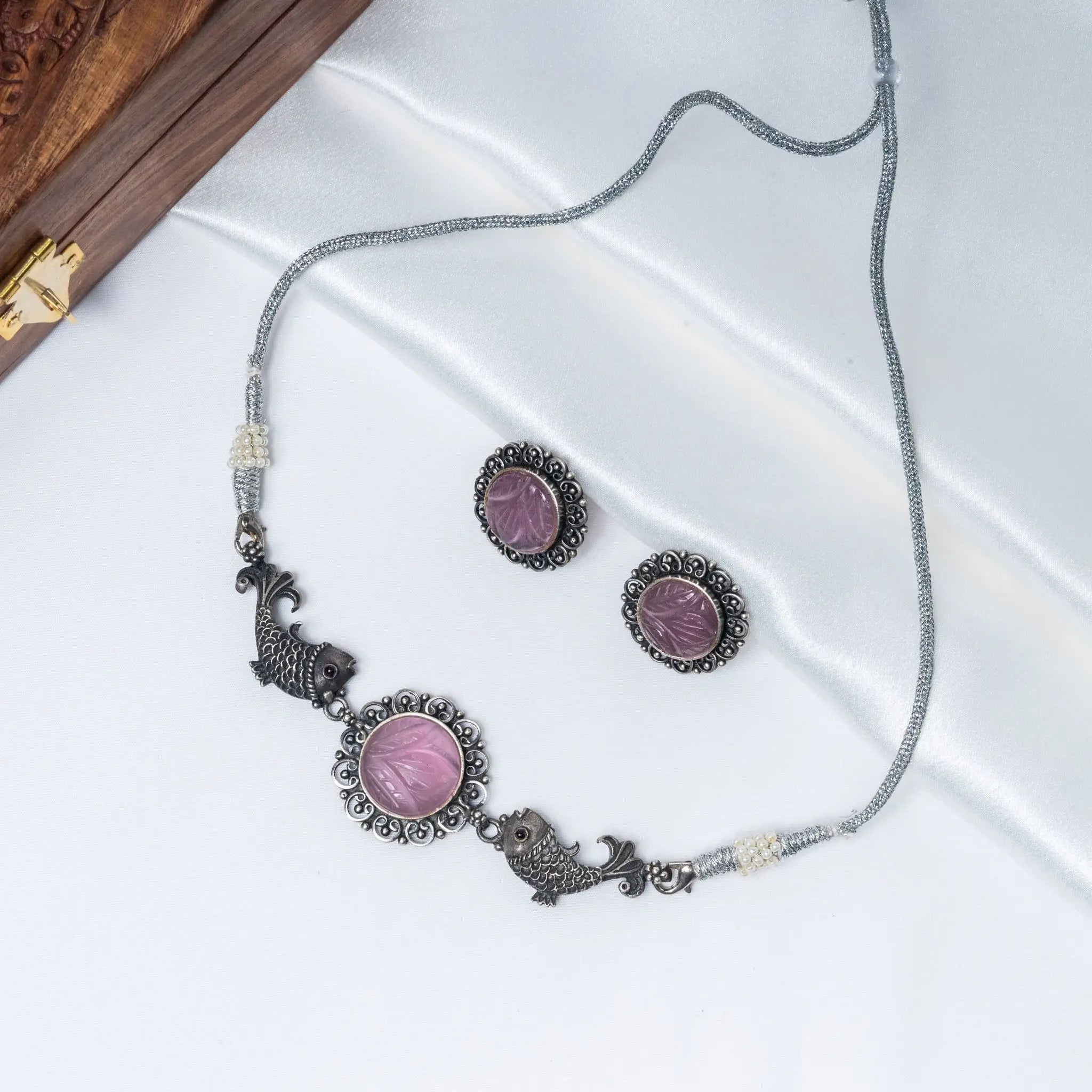 Pink Stone Fish Choker Necklace Set in 925 Premium Silver Jewelry for Women