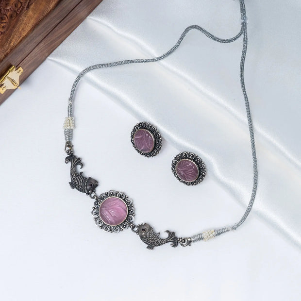 Pink Stone Fish Choker Necklace Set in 925 Premium Silver Jewelry for Women