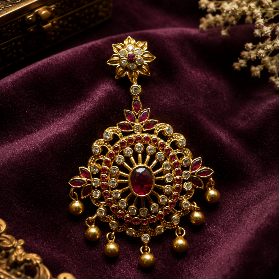 Royal Ruby Floral 925 Sterling Silver Gold Polished Designer Pendant