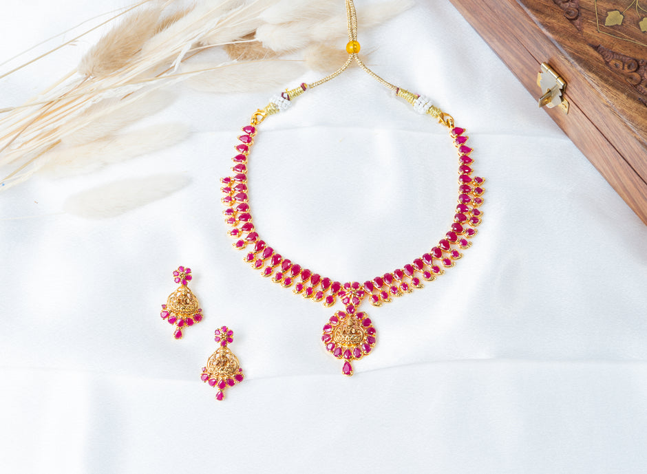 Ruby Lakshmi Gold Plated 925 Silver Necklace & Earrings Set