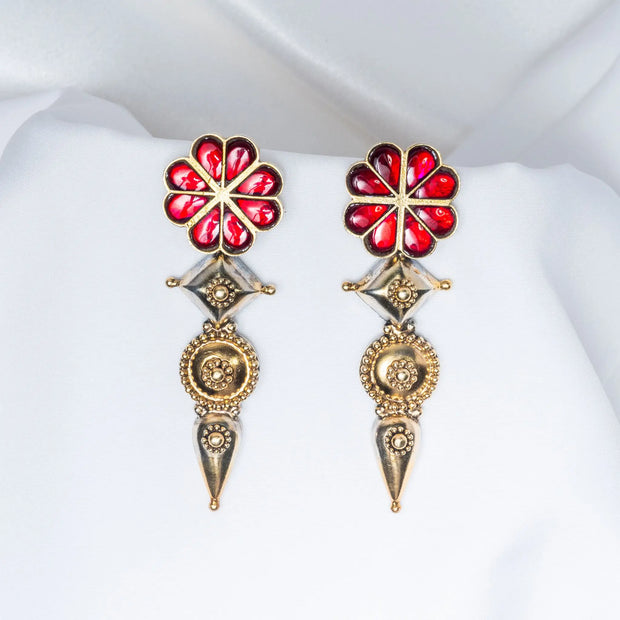 925 Premium Silver Red Kundan Spear Hook Hanging Earrings
