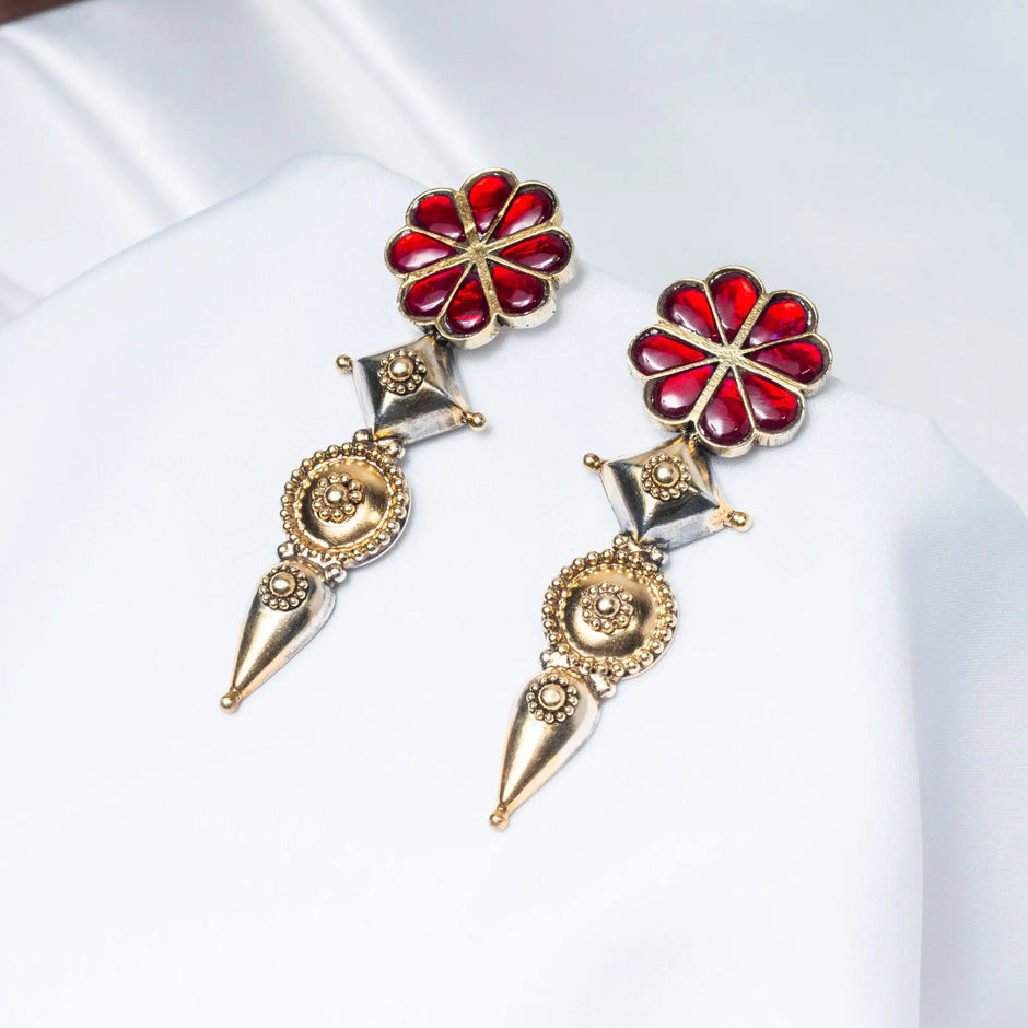 925 Premium Silver Red Kundan Spear Hook Hanging Earrings