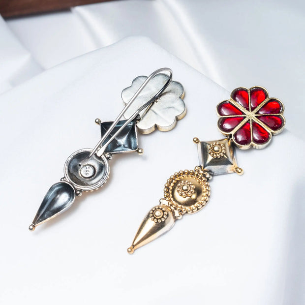 925 Premium Silver Red Kundan Spear Hook Hanging Earrings