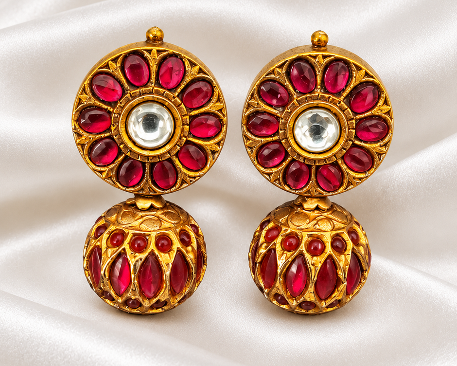 Royal Ruby Red 925 Sterling Silver Gold Polished Kundan Jhumka Earrings