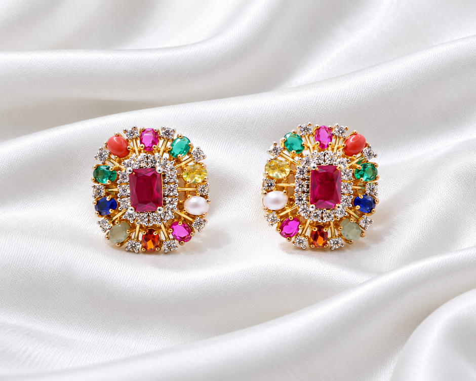 Royal Navratna Multicolor Stone 925 Silver Gold Polished Stud Earrings