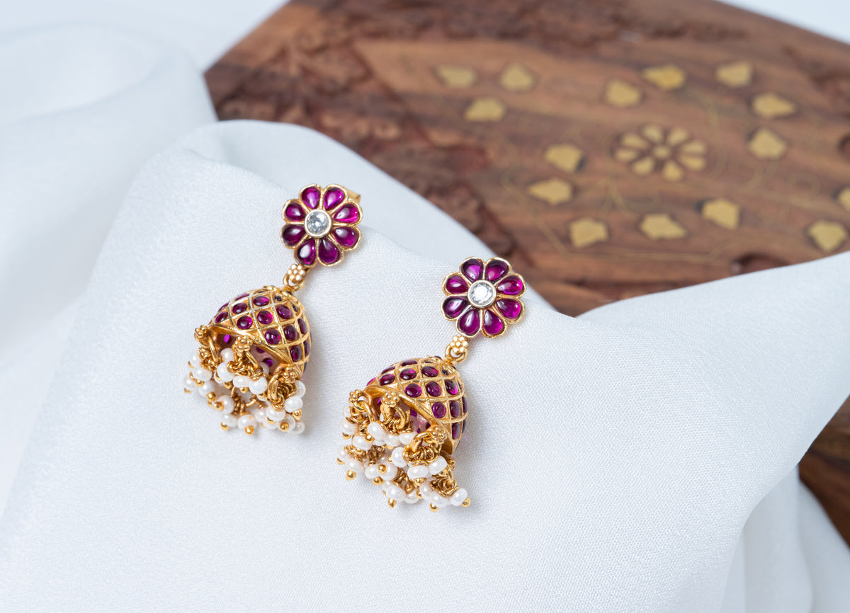 Traditional Ruby Stone Jhumka Earrings with Pearl Drops