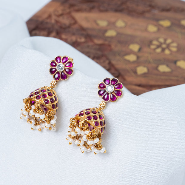 Traditional Ruby Stone Jhumka Earrings with Pearl Drops