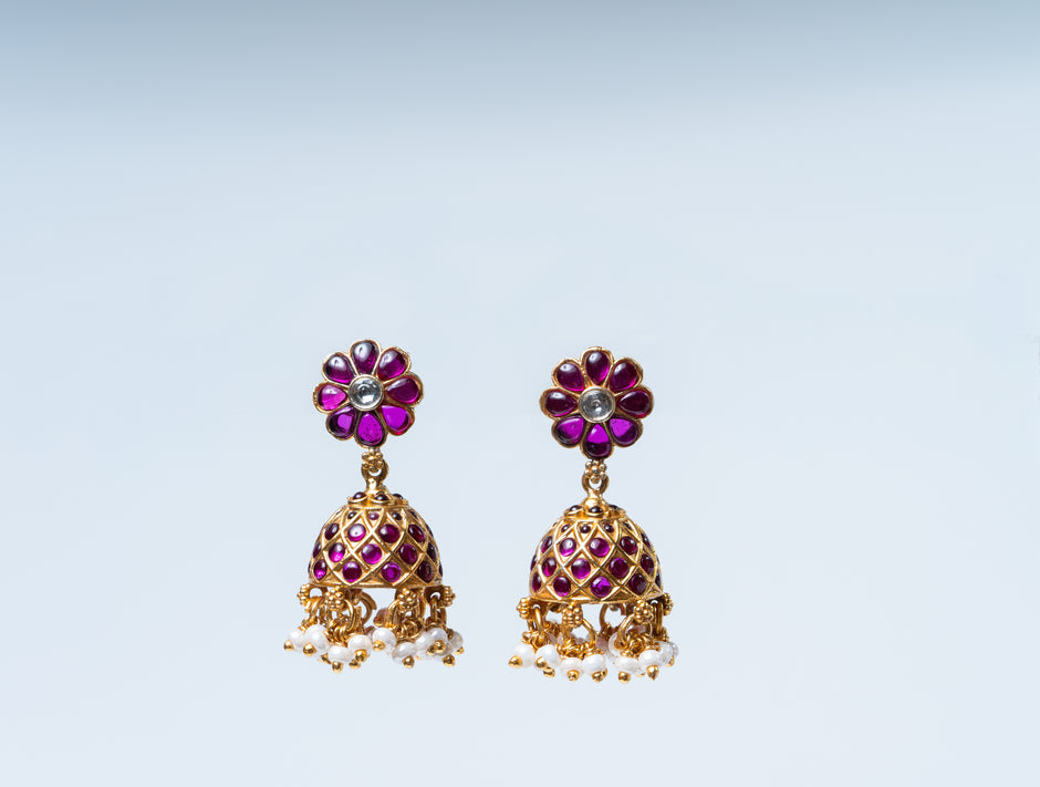 Traditional Ruby Stone Jhumka Earrings with Pearl Drops