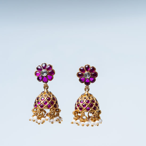 Traditional Ruby Stone Jhumka Earrings with Pearl Drops