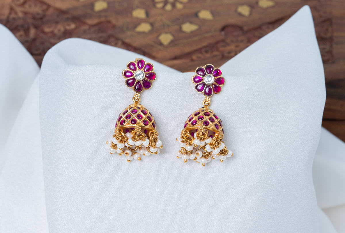 Traditional Ruby Stone Jhumka Earrings with Pearl Drops