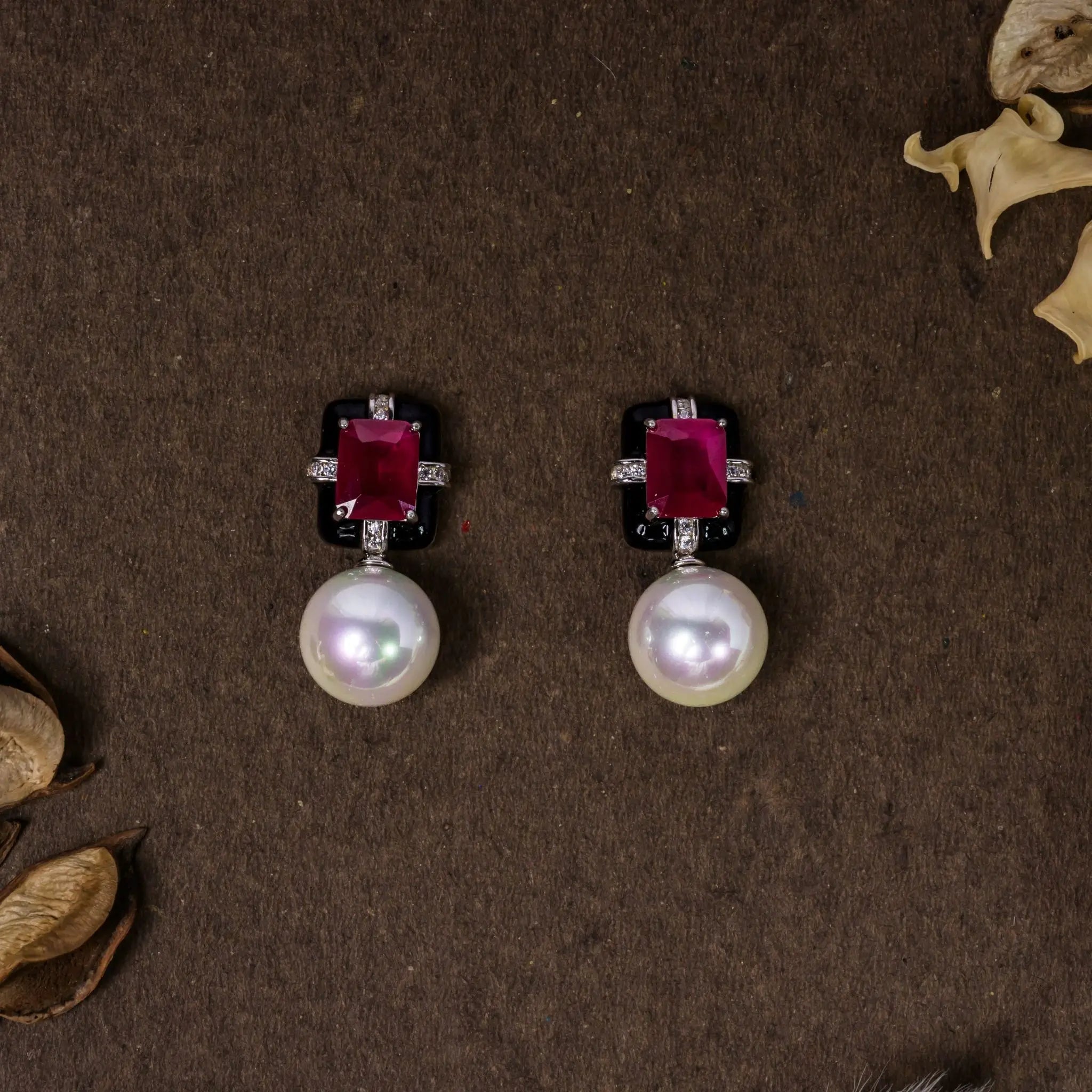 Elegant Ruby Square Pearl CZ Earrings in 925 Premium Silver Jewelry for Women