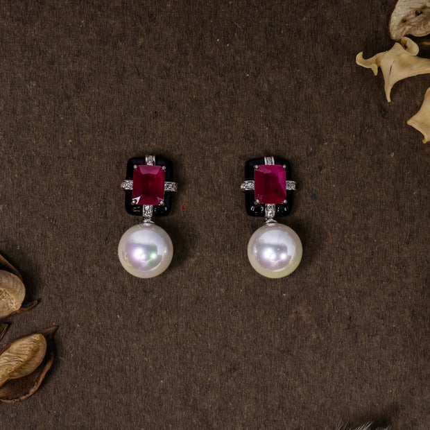 Elegant Ruby Square Pearl CZ Earrings in 925 Premium Silver Jewelry for Women