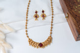 Traditional Peacock Temple Long Necklace Set with Ruby Stone & Earrings